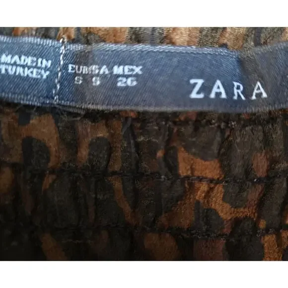 ZARA Women S Blouse Top Leopard Print Brown Black Smocked Elastic 3/4 Sleeve 38" - Picture 3 of 6